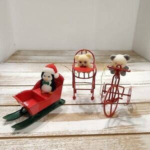 Christmas ornaments lot of 3 vintage flocked animals teddy bear penguin